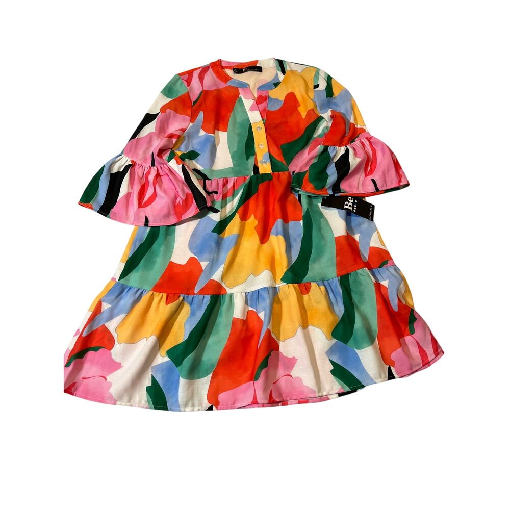 NWT Be by CHETTA B Women's Colorful Abstract Babydoll Dress - Size 4p - Pockets!